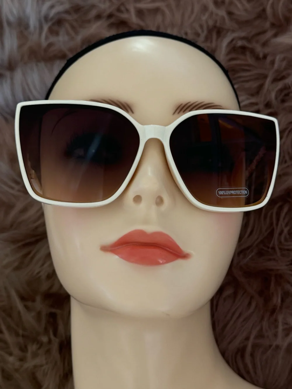 Futuristic sunglasses white cat eye brown lens gold chain style accents